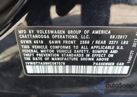 2017 Volkswagen Passat 1.8T Se из США, поврежденный, VIN 1VWGT7A39HC067078